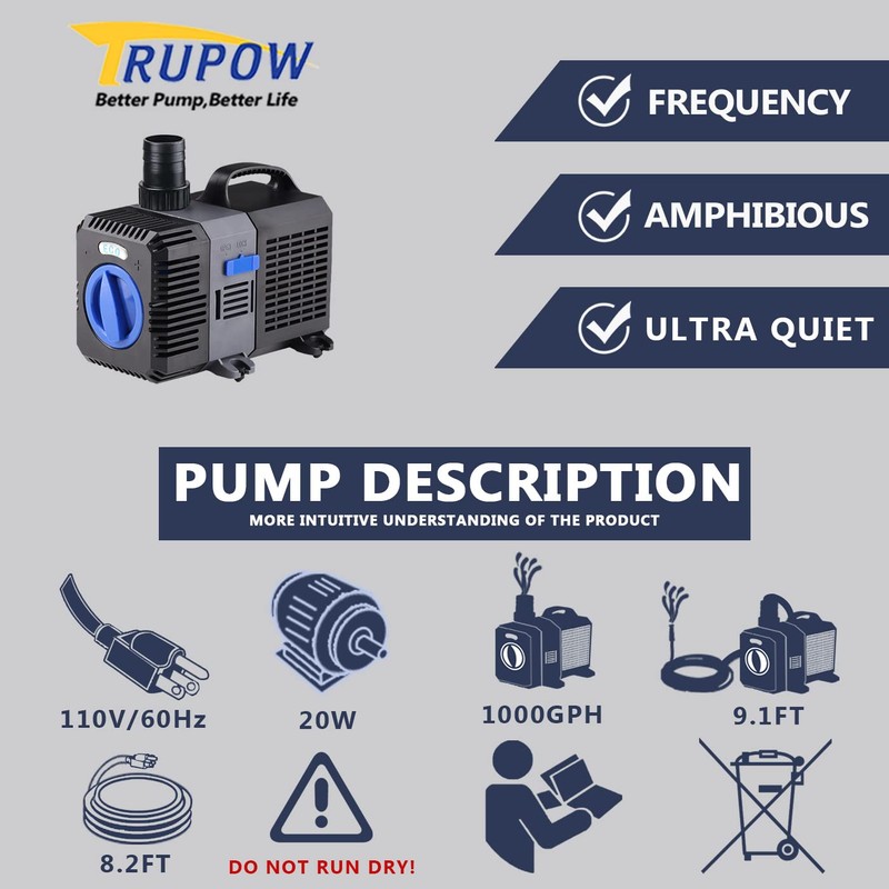 Trupow Flow Adjustable Frequency Electric Inline Garden Submersible Pond Filter