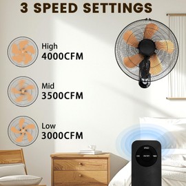 Wall Mount Fan with Remote, 3-speed Wall Oscillating Quiet Fan with 5 Blades, Adjustable Tilt and Timing, 18 Inch High Velocity Wall-Mounted Fans for Bedroom, Gym, Office, Warehouse, Garage, Gold