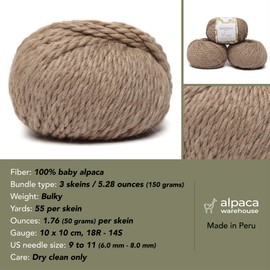 Juego de 3 madejas de hilo de lana de alpaca bebé 100%, peso grueso - Hecho en Perú - Celestialmente suave y perfecto para tejer y hacer ganchillo (Beige, Grueso)