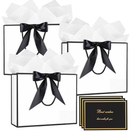 3Pcs Medium Gift Bags for Present 20 x 10 x 28 cm,Medium White Gift Bag with Handle 6 Wrappers Tissue Papers and 3 Cards,Bow Ribbon Birthday Party Bags for Bridesmaid Wedding Christmas Valentines