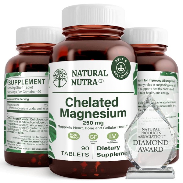 Natural Nutra Chelated Magnesium Oxide Supplement with Amino Acid Chelate for High Absorption, Promotes Healthy Bones, Improves Dental, Heart Health and Energy Levels, 250 mg, 90 Tablets