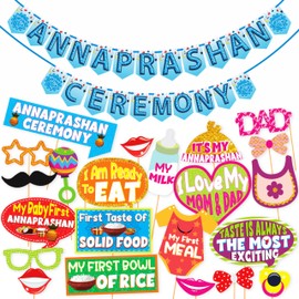 WOBBOX Annaprashan Photo Booth Party Props with Bunting Banner Annaprashan Ceremony Sky Blue Color with Flower Background, Annaprashan Decoration Item