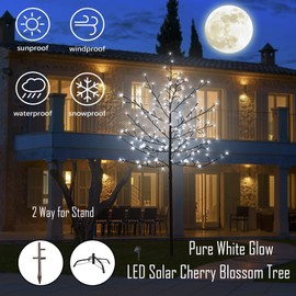 LED Solar Lighted Cherry Blossom Tree,6Ft Light up Cherry Tree Outdoor with 200 Crystal Flower Detachable for Pathway Porch Yard Patio Garden Decor Holiday Decorations Christmas Easter Pure White