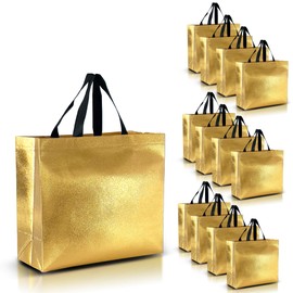 Nush Nush Gold Gift Bags Large Size in Bulk – Set of 30 Shiny Reusable Gold Gift Bags With Black Handles - Perfect for Small Businesses, Gifting, Weddings, Christmas Party Favors – 13Wx5Dx11H Size