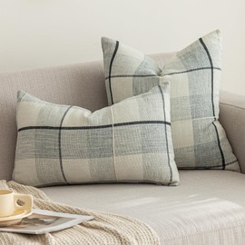 vctops Rustic Lattice Cotton Linen Decorative Throw Pillow Cover Embroidery Square Cushion Cover Pillowcase for Sofa Bedroom Couch (Grey White Plaid, 18"x18")