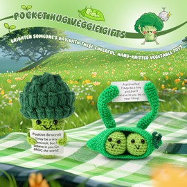 2Pcs Emotional Support Crochet Doll Pea & Broccoli with GiftBox,Handmade Positive Knitted Toy with Encouraging Card for Women,Family,Friends Kids, Cute Motivational Plants Doll for Home Desk Decor