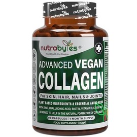 Nutrabytes Vegan Collagen Supplements for Women & Men | Plant-Based Vegan Collagen Capsules with Hyaluronic Acid, Biotin, Vitamin E, D3, C & Amino Acids | Vegetarian Collagen | UK Made
