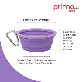 Prima Pet Collapsible Silicone Water Travel Bowl with Clip for Dog and Cat, Portable and Durable Pop-up Feeder for Convenient On-The-go Feeding - Size: Small (1.5 Cups) Purple - 2 Pack