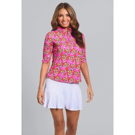 IBKUL Athleisure Wear Sun Protective UPF 50+ Icefil Cooling Arya Print Ruched Elbow Sleeve Mandarin Collar Top Hot Pink Multi Arya S