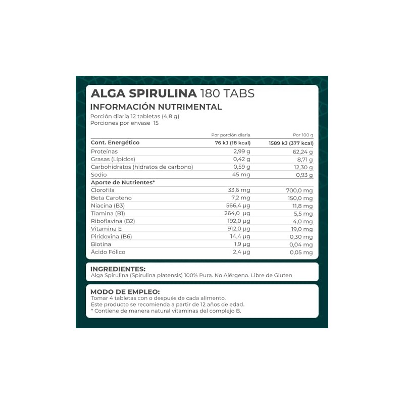PRONAT | Alga Spirulina 100% Pura, Suplemento Alimenticio, 180 tabletas
