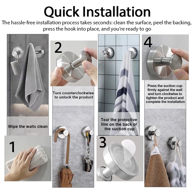 Eyech 4Pcs Suction Cup Hooks for Inside Shower, Stainless Steel