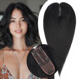 S-noilite Hair Toppers for Women Real Human Hair, Human Hair Toppers for Women,Hair Toppers for Thin Hair,100% Real Human Hair Toppers 2.25"*6" Lace Silk Base Hair Toppers 10 inch Jet Black