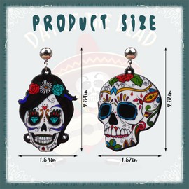 Hying 2 Pairs Day of The Dead Earrings for Women, Mexican Skeleton Acrylic Drop Earrings Dia De Los Muertos Floral Skull Fashion Jewelry Gift Earrings for Day of The Dead Jewelry Gift Favors