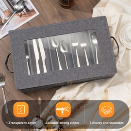 Flatware Storage Box 2 Pack, Silverware Storage Box Case Chest with Adjustable Dividers, Cutlery Storage Holder with Zipper Lid for Organizing Cutlery, Utensil, Flatware, Knives, Large Capacity Gray