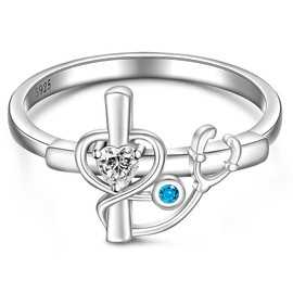 Nurse Stethoscope Ring Sterling Silver Cross Rings for Women Blue Zircon Pray Through It Cross and Heart Inspirational Medical Nursing Jewelry Size 7