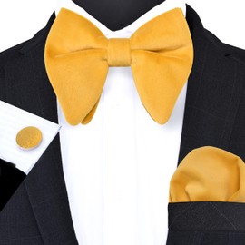 GUSLESON Over Size Gold Bow Ties For Men Velvet Pre-tied Big Bowtie and Pocket Square Cufflinks Sets Adult Gifts (0571-29)