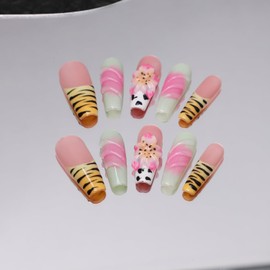 Long Square Press on Nails Handmade Nails with 3D Tropical Flower Art and Lines Designs Reusable Fake Nails Luxury False Nails Acrylic Nature Stick on Nails with Glue for Wome (Size M)