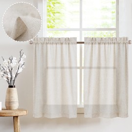 Vangao Linen Net Curtain, Bistro Curtain, Half Transparent Privacy Plain Curtain, Sheer Curtain, Pair of Scarves, Window Curtain for Small Windows, Kitchen, Living Room, Country House, 2 Pieces, 65 W x 60 H (cm) Natural