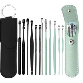 12 Pcs Ear Pick Earwax Removal Kit, Ear Cleaning Tool, Stainless Steel Earwax Removal Tool with Leather Storage Box (Black&Green) | Voitead