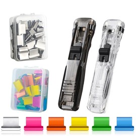 MisFun Pack of 2 Clam Clip Dispenser, Closure Clips Stapler Clip Dispenser with 100 Clam Clip, Staple Dispenser, Portable Fast Clam Clip Dispenser, Suitable for Office, Home, School Supplies, Push