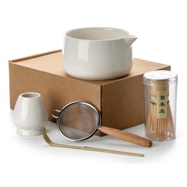 20OZ Matcha Whisk Set - 5PCS Matcha Kit Includes Ceramic Bowl with Spout, Bamboo Whisk with Holder, Bamboo Scoop and Sifter, Matcha Set for Ceremony, Gift for Matcha Lovers (White)