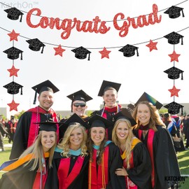 KatchOn, Glitter Red Congrats Grad Banner - 10 Feet, No DIY | Black and Red Graduation Banner with Cap Garland, Graduation Decorations Class of 2024 Red and Black | Graduation Party Decorations 2024