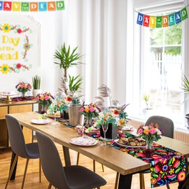 Baeymonkay Mexican Table Runners for Party 5 Pack, Dia De Los Muertos Decorations Altar, Day of The Dead Decorations, Mexican Independence Day Decorations, Flowers Fiesta Table Runner 70.9×13 Inch