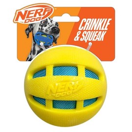 Nerf Dog 3.8in TPR Checker Squeak and Crunch Ball Dog Toy - Yellow with Blue Crunch Bag