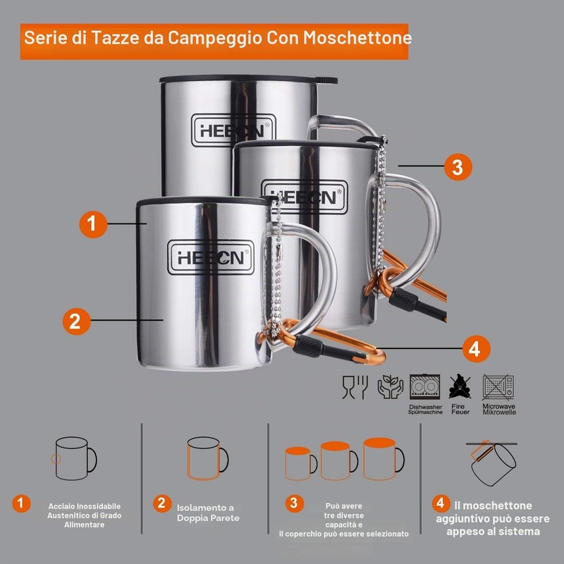 HEECN Acciaio inossidabile Tazze da caffè da Campeggio a Doppia