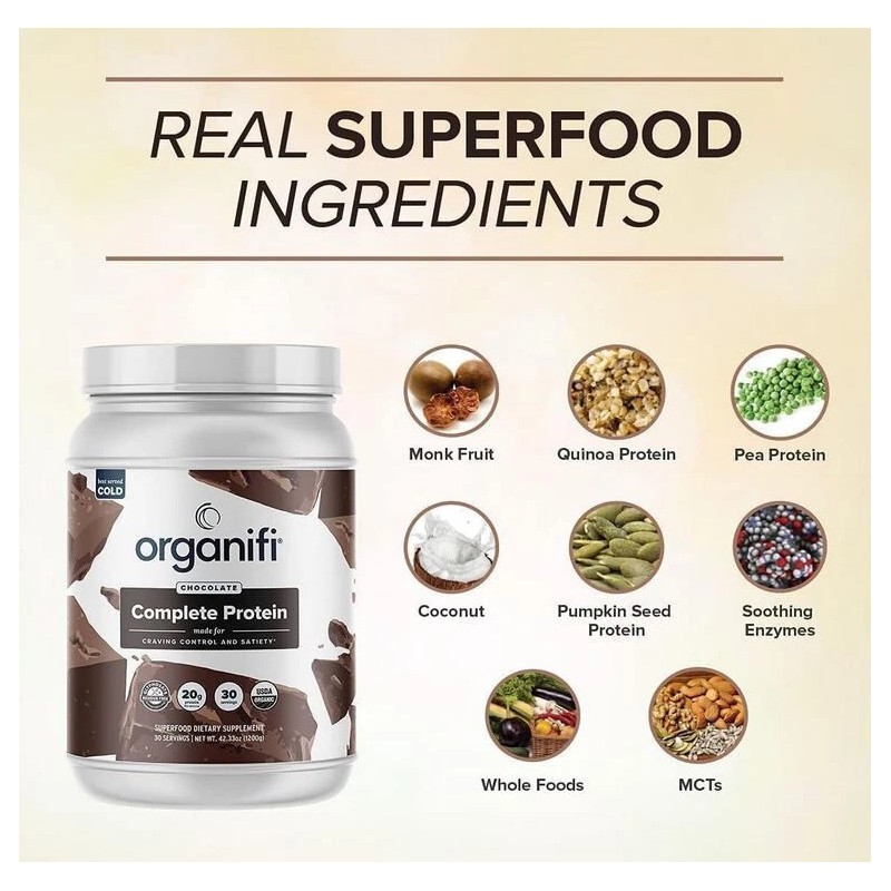 Organifi Complete Protein Chocolate Flavor- Organic Vegan Plant Based- 30
