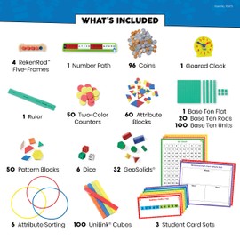 hand2mind Math Tools Small Group Sets K-1 by Reagan Tunstall & Kristina Grant, Math Manipulatives, Base Ten Blocks, RekenRods, Pattern Blocks, Attribute Blocks, Two Color Counters, Classroom Supplies