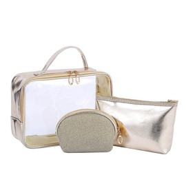 GELIMY 3PCS of Large Medium and Small Travel Cosmetic Bag Organiser Bag Makeup Bag and Toiletry Pouch (Gold)