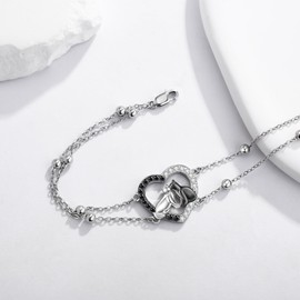 DAYLINLOVE Cat Bracelet 925 Sterling Silver Heart Cat Double Layered Chain Cat Charms Jewellery Gift for Women Cats Lover