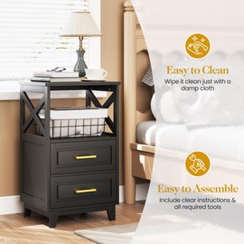RoyalCraft 30" Tall Nightstand Set of 2, Black Side Table with 2 Drawers and Open Shelf on Top, Bedside Table with Solid Feet, Modern Night Stand End Table for Bedroom, Home Office, Black