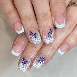 Colorful Flower Press on Nail Blue French Tip False Nail Short Square Glue on Nails Mirror Acrylic Reusable Full Cover Fake Nails for Women Girls