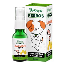 Waggys Aceite Relajante + SALMÓN para Perros Grandes - Apoyo para el manejo de Estrés y Ansiedad, Inflamación, Piel y Pelo - Adicionados con Omegas y Aceite Relajante - 75 Disparos.