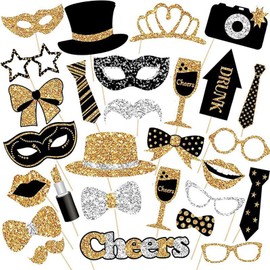 30Pcs Photo Booth Props, Party Props, Funny Photobooth Props for Party Decoration Gathering Birthday Wedding Themed Party, Party Stuff of Hats, Lipstick, Tie, Crowns(Golden) ﻿
