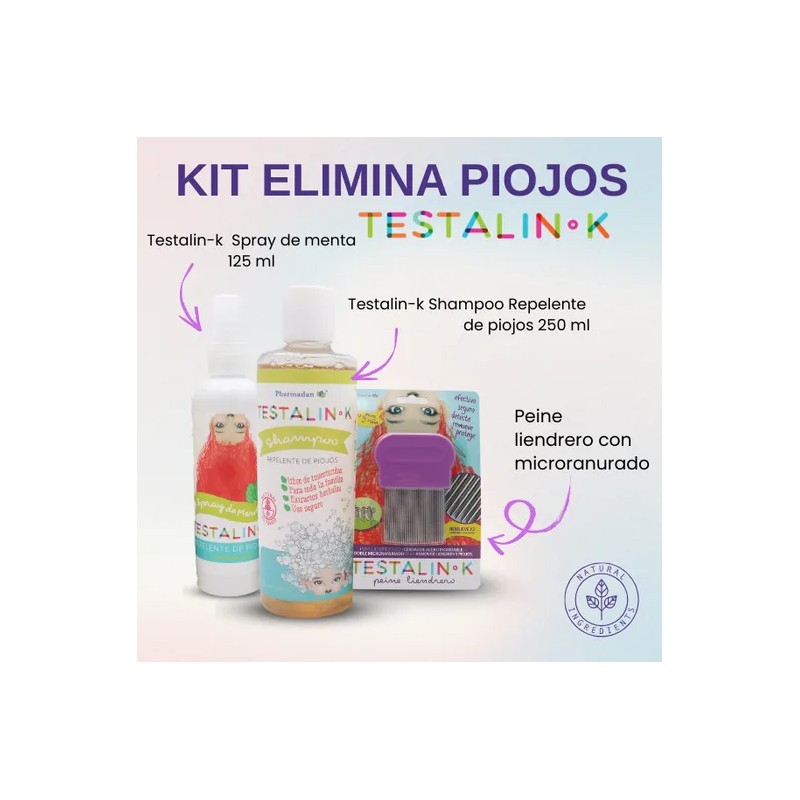 Kit Elimina Piojos, Shampoo, Lendrera, Repelente, Testalin-k