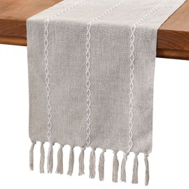 Wracra Cotton Linen Table Runner Farmhouse Style Grey Table Runner 150cm with Hand-tassels for Party, Dining Room Decorations Dessert Table Decor(Light Grey, 150cm)