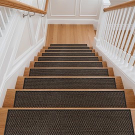 Tiveney Non Slip Stair Treads Indoor 15PCS 8"x30" Linen Stair Treads for Wooden Steps, Self-Adhesive Peel and Stick Stair Runner, Washable TPE Backing Stair Carpet Treads for Kids Elders Dogs, Black