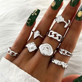 Flower Joint Rings V Shape Set Carved Chain Jewellery for Women Girls (Pack of 8), Made of gold, silver