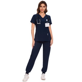 COZYFIT Scrubs for Women - V-Neck Top & Cargo Pants Scrubs Set with 10 Pockets - Navy Blue, XL
