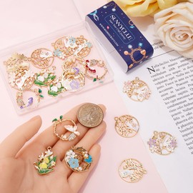 SUNNYCLUE 1 Box 36Pcs 18 Styles Enamel Flower Charms Flowers Charms Gold Bulk Alloy Spring Cat Butterfly Rabbit Floral Charm for Jewellery Making Charms DIY Necklace Bracelet Earring Crafting Beginner
