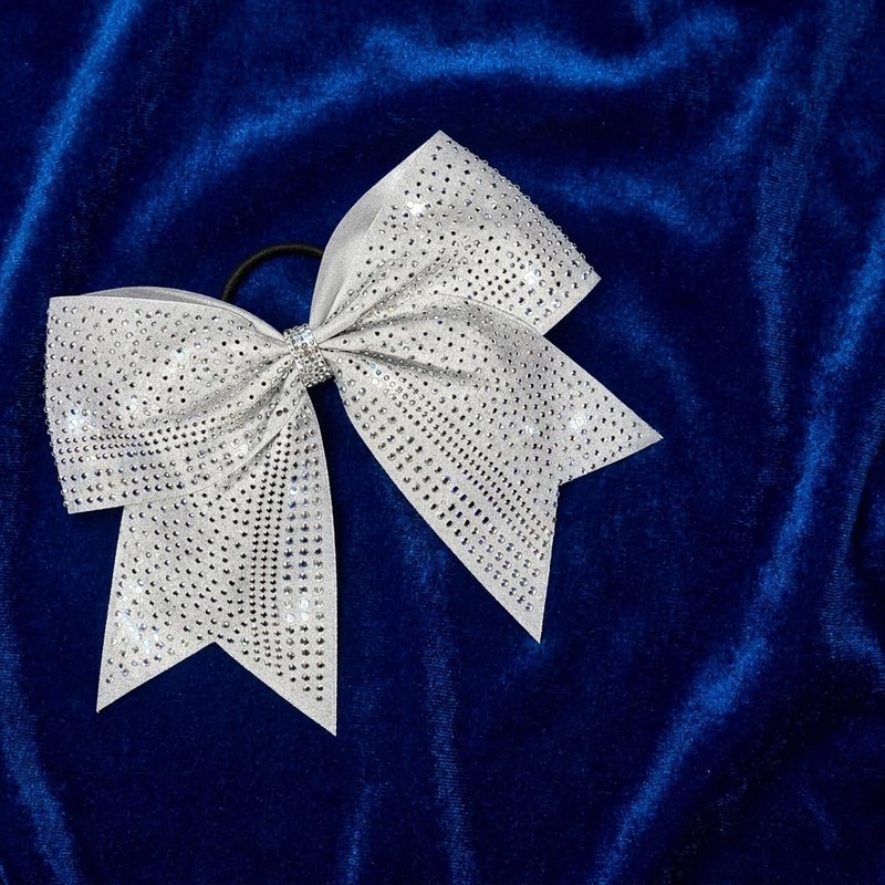White Cheer Bow, Glitter Shimmer Shiny Rhinestones Cheerleading Hair Bow