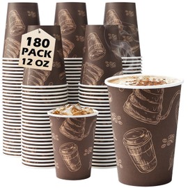 Huifany Coffee Cups 12 oz 180 Pack, Paper Cups 12 oz Disposable Coffee Cups Thickened Paper Coffee Cups, Brown Paper Cups Hot Cups for Office, Home, Party, Restaurants