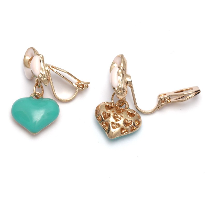Turquoise heart with bow drop clip on earrings