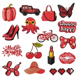 Woohome 16 PCS Iron on Patches, Embroidered Fabric Iron on or Sew on Patches Red Embroidered Appliques Sticker Patches for Clothes Hat Jeans