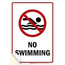 No Swimming Sign, 10x7 Inches, 4 Mil Vinyl Decal Stickers Weather Resistant, Made in USA by My Sign Center