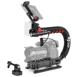 Zeadio Camera Stabilizer, Handle Grip Handheld Stabilizer with LED Video Light and Microphone, Fits for All Camcorder, Camera, DSLR, Action Camera and All Smartphones