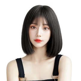FINGOOO Wig, Bob, Short, Straight, Black Hair, Full Wig, Wig, Women's, Lolita, Cosplay, Small Face, Natural, Heat Resistant, Synthetic Hair, Net Included (Bob Short, Black)